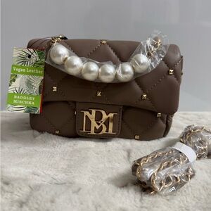 Badgley Mischka Brown Mini Bag with Gold Hardware and Pearl Embellishment